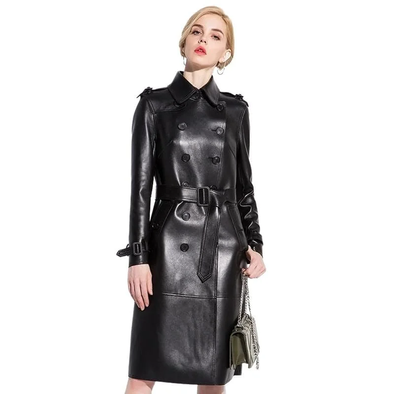 LAUTARO Women's Fashion Premium Quality Black Leather Trench Coat Stylish Sleeveless Trench Coat LAUTARO Women's Fashion Premium Quality Black Leather Trench Coat Stylish Sleeveless Trench Coat