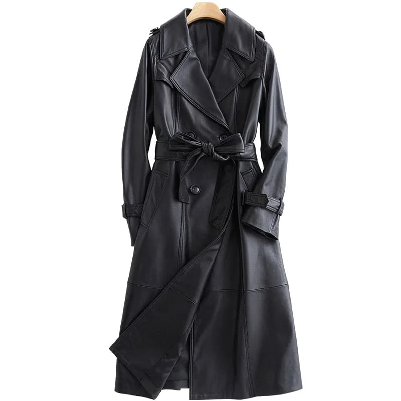LAUTARO Women's Fashion Premium Quality Long Black Leather Trench Coat Trendy Oversized Trench Coat LAUTARO Women's Fashion Premium Quality Long Black Leather Trench Coat Trendy Oversized Trench Coat