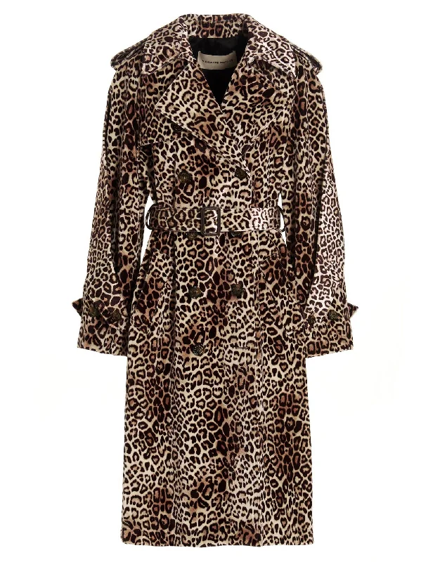 Leopard Velvet Trench Coat Double-Breasted Military Trench Coat