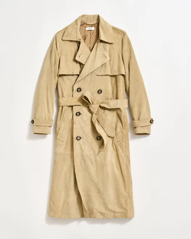 Long Suede Trench Coat Warm Plaid Wool Trench