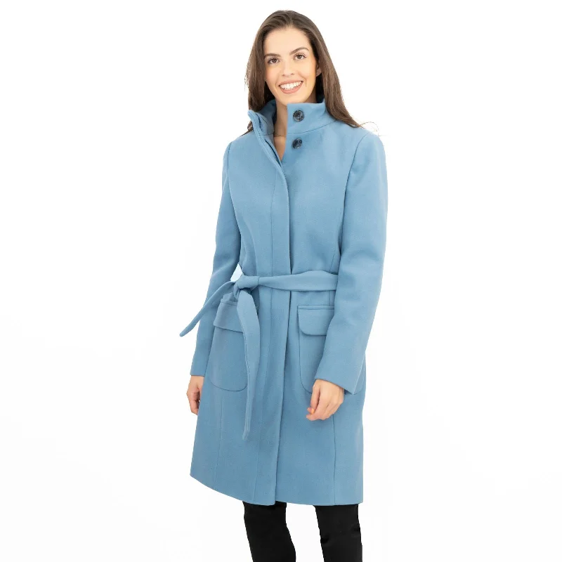 M&S Blue Belted Funnel Neck Trench Coat Chic Sleeveless Wool Trench