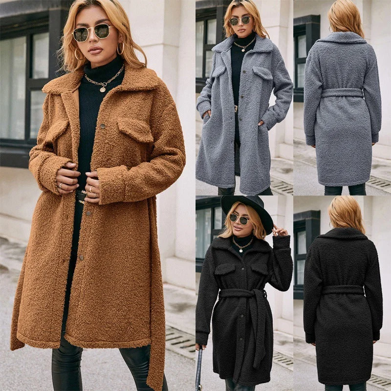Mid-length Lapel Belted Single-breasted Plush Trench Coat Cozy Wool Trench Jacket