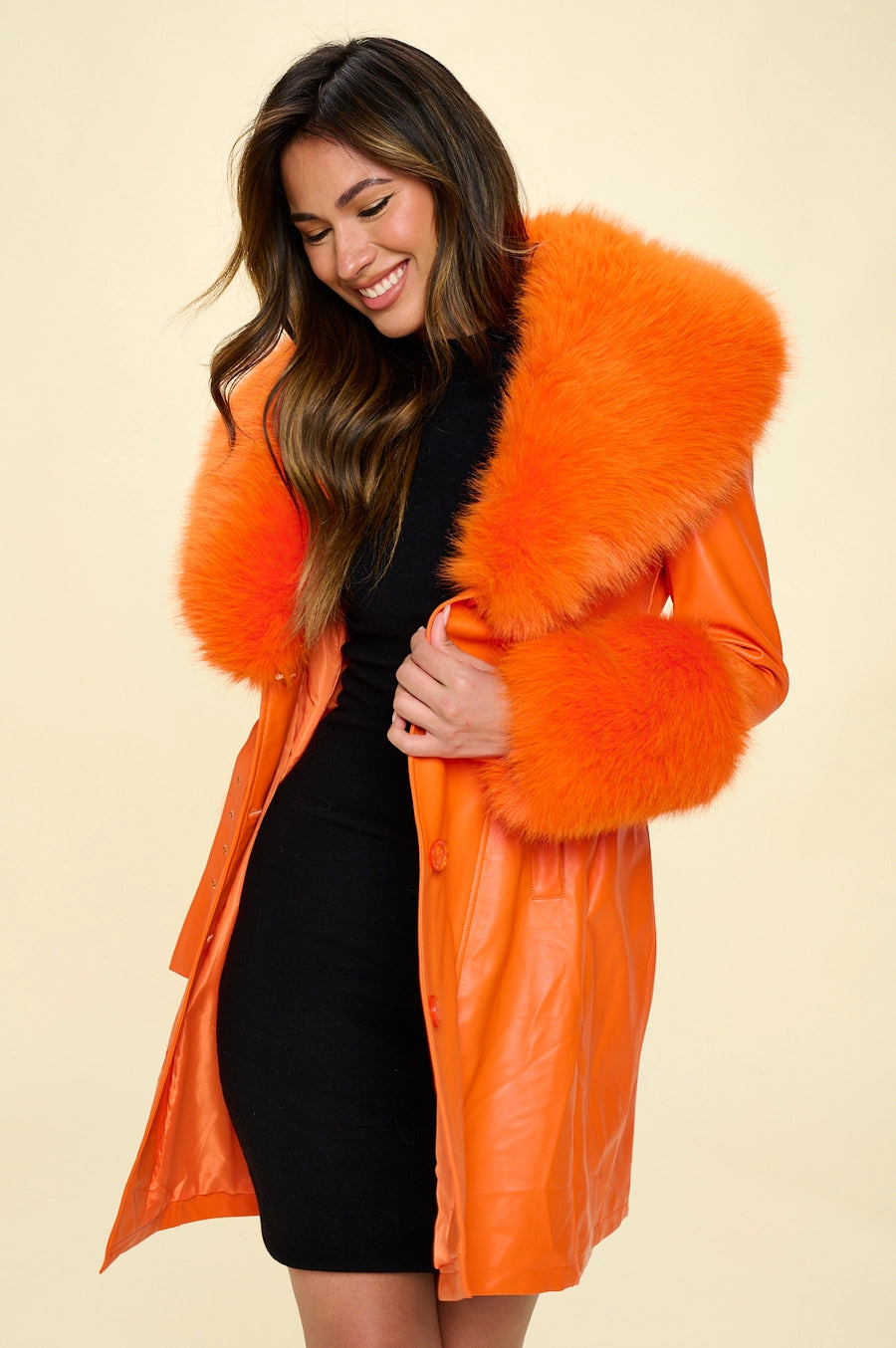 Orange Faux Leather Trench Coat With Faux Fur Collar Fashionable Cropped Trench Coat
