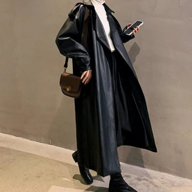 Oversized Long Waterproof Leather Trench Coat Modern Long Trench Jacket