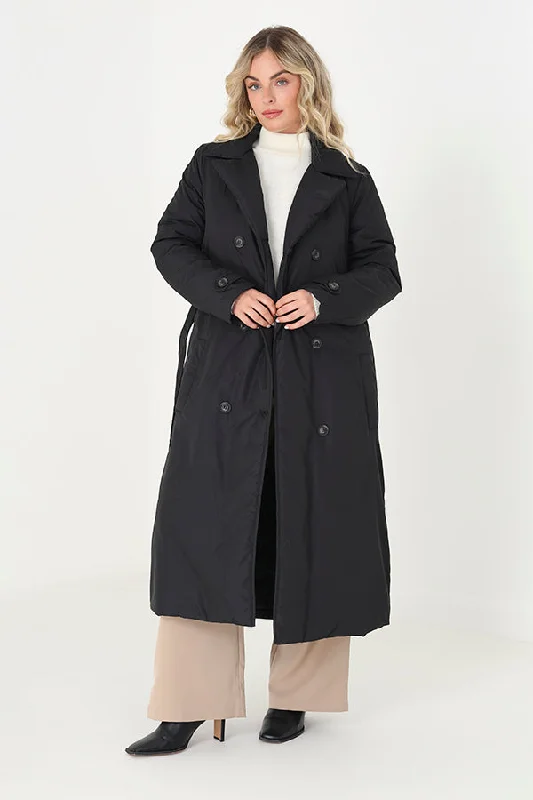PADDED DOUBLE BREASTED TRENCH COAT WITH SELF TIE BELT Fashionable Wide-Leg Trench