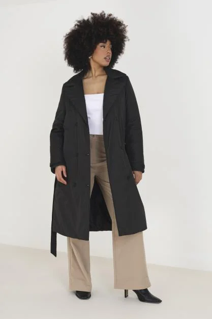 PADDED DOUBLE BREASTSED TRENCH COAT WITH TIE BELT Warm Wool Blend Trench