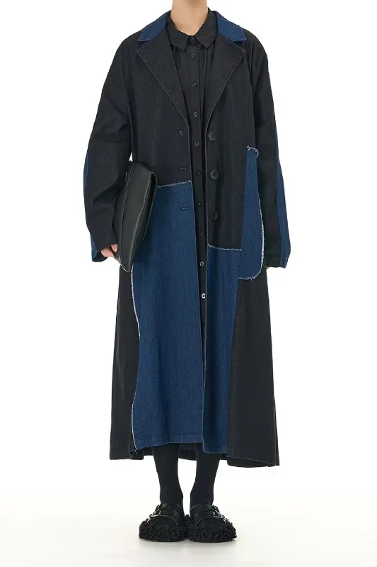 Patchwork Denim Long Trench Coat Warm Fleece Lined Trench