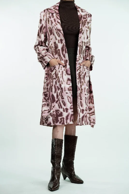 Pink Leopard Suede Trench Coat Elegant Trench Coat with Belt