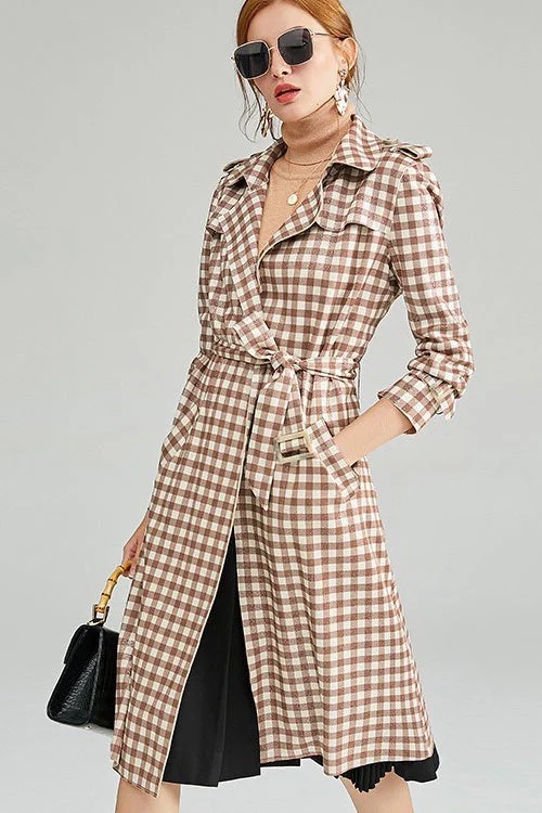 Plaid Trench Coat W/ Belt Trendy Wide-Collar Trench Coat