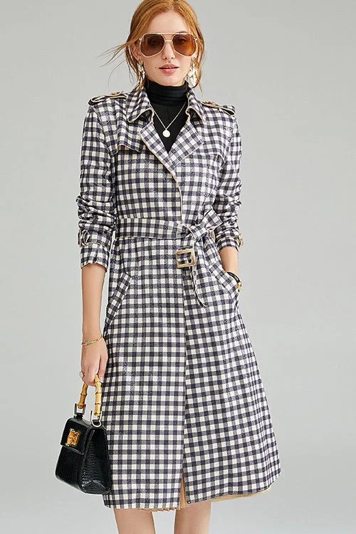Plaid Trench Coat W/ Belt Classic Long Plaid Trench