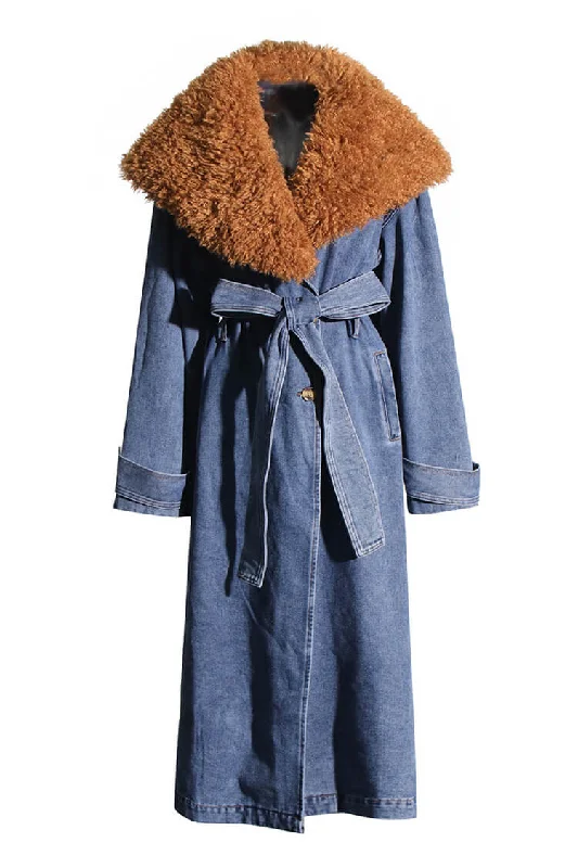 Retro Faux Fur Collar Button Up Belted Cinch Waist Denim Trench Coat Chic Military Style Trench Retro Faux Fur Collar Button Up Belted Cinch Waist Denim Trench Coat Chic Military Style Trench