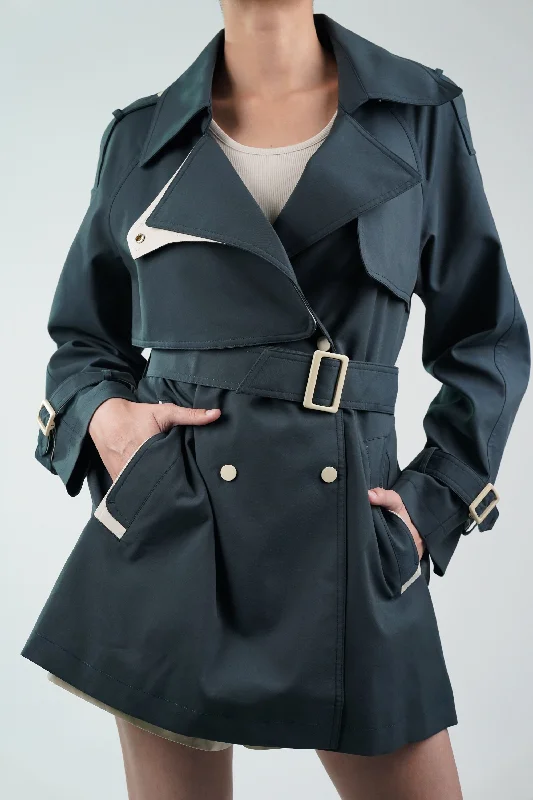 Slate Blue Trench Coat Classic Plaid Wool Trench
