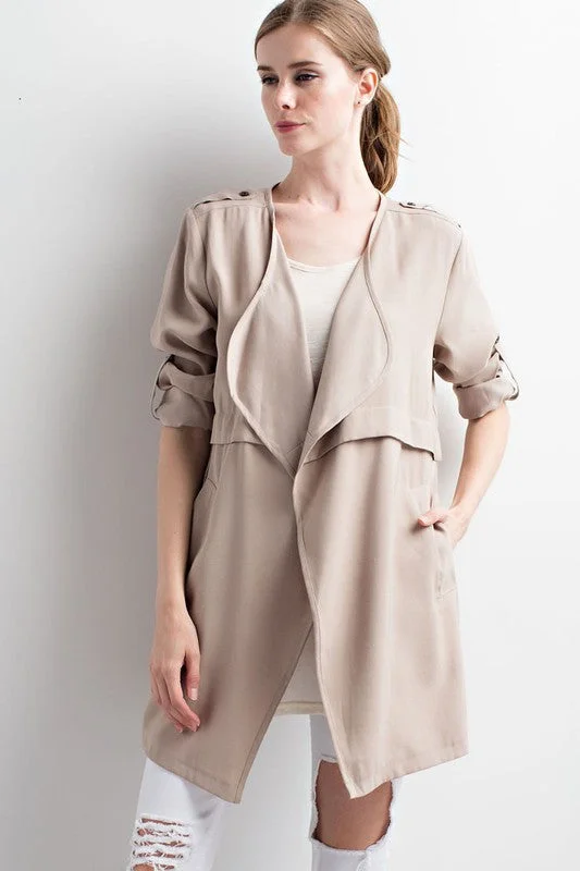 Solid Open Front Trench Coat Casual Oversized Trench Coat