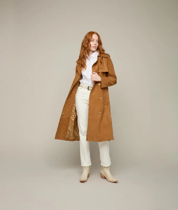 Suellen Suede Trench Coat :: Caramel Sleek Black Double-Breasted Trench