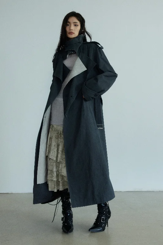 Two-Tone Oversized Trench Coat Classic Plaid Wool Trench