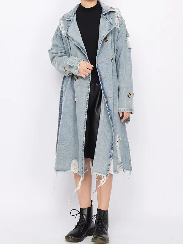 Double-Breasted Hollow Out Denim Trench Coat Fashionable Short Trench Jacket
