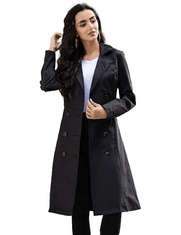 Women's Black Double-Breasted Belted Trench Coat | Womens Long Pea Coat Comfortable Casual Wool Trench Women's Black Double-Breasted Belted Trench Coat | Womens Long Pea Coat Comfortable Casual Wool Trench