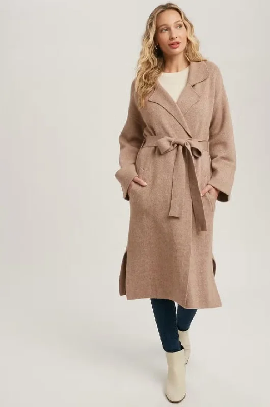 Women's Effortless Classic Knitted Trench Coat - Latte Comfortable Trench Coat Design Women's Effortless Classic Knitted Trench Coat - Latte Comfortable Trench Coat Design