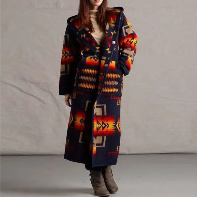 Women's Long Trench Coat Printed Hooded Coat Fashionable Wide-Leg Trench