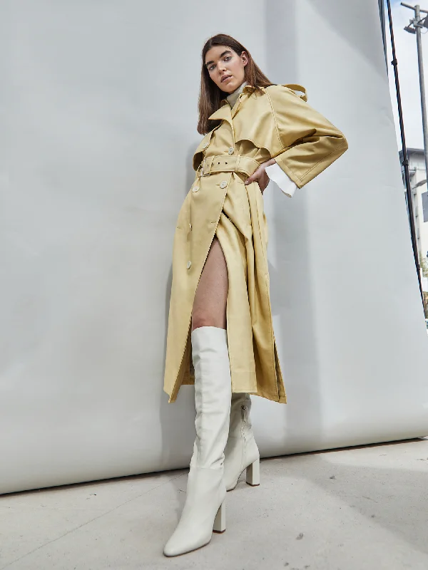 Glamorous Yellow Faux Leather Longline Trench Coat Modern Military Style Trench