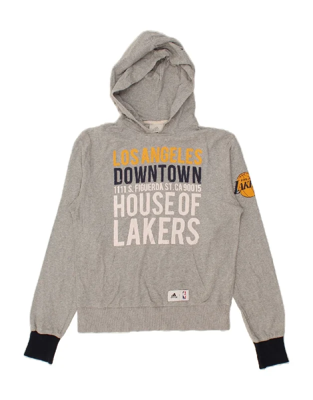 ADIDAS Womens Los Angeles Lakers Graphic Hoodie Jumper UK 10 Small Grey Hoodie with Side Slits Relaxed Casual ADIDAS Womens Los Angeles Lakers Graphic Hoodie Jumper UK 10 Small Grey Hoodie with Side Slits Relaxed Casual