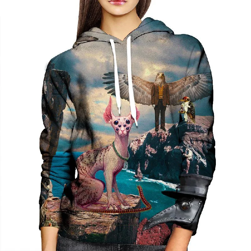 Birds With Cat Womens Hoodie Hoodie with Bell Sleeves Flared Feminine