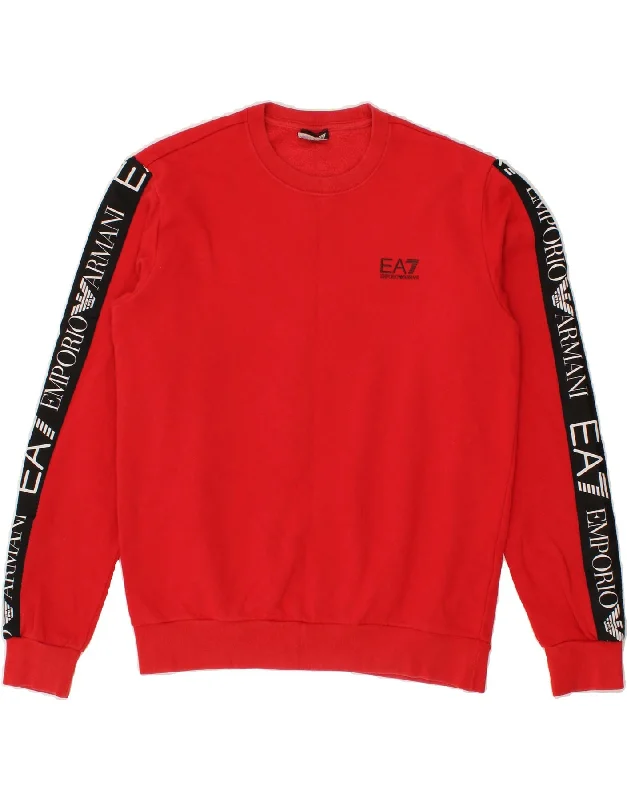 EMPORIO ARMANI Mens Graphic Sweatshirt Jumper Medium Red Colourblock Hoodie with Ribbed Hem Stretchable Secure