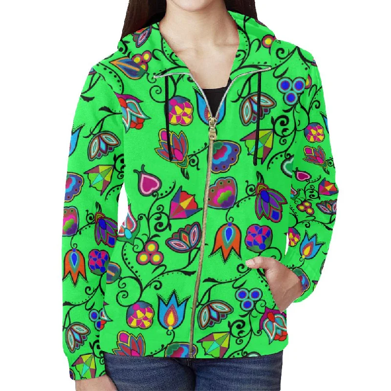 Indigenous Paisley - Green Full Zip Hoodie for Women Hoodie with Rhinestones Sparkly Elegant