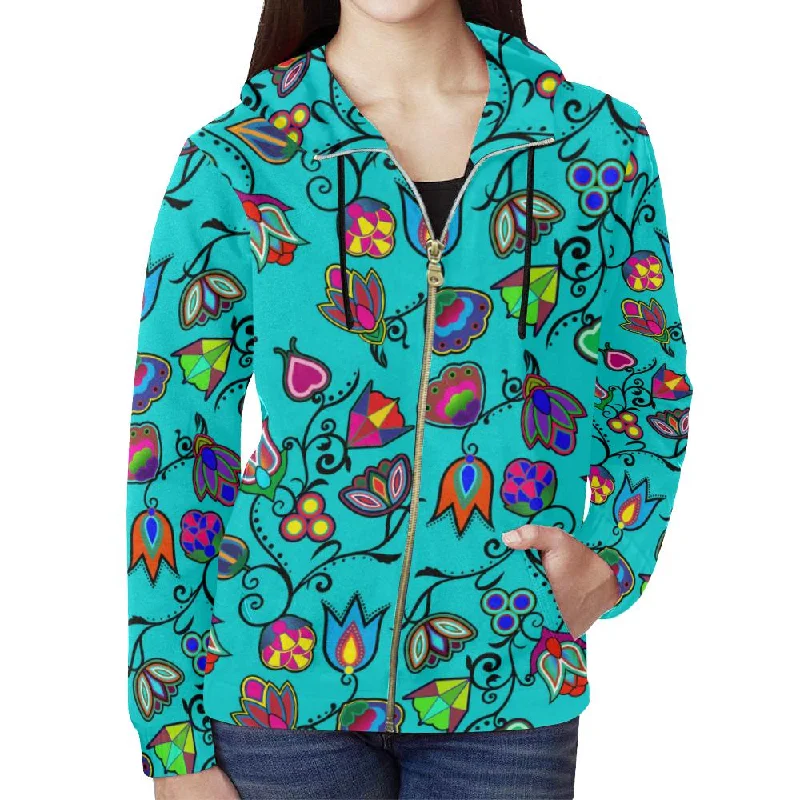 Indigenous Paisley - Sky Full Zip Hoodie for Women Hoodie with Hem Elastic Stretchable Comfortable Indigenous Paisley - Sky Full Zip Hoodie for Women Hoodie with Hem Elastic Stretchable Comfortable