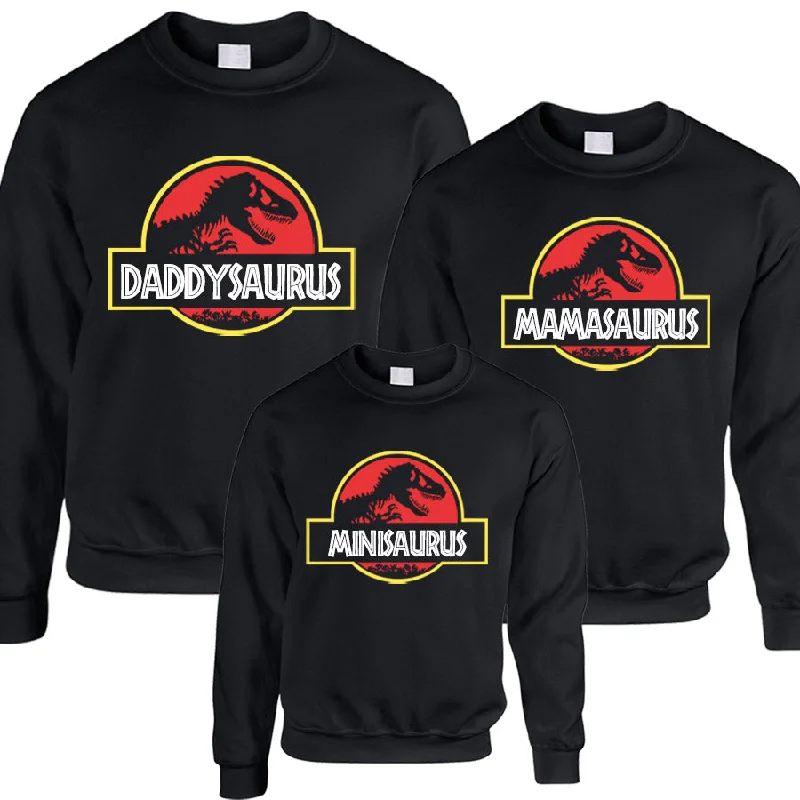 Jurassic Daddy, Mama & Mini-Saurus Matching Black Sweatshirts Hoodie with Back Slit Movement Comfort Jurassic Daddy, Mama & Mini-Saurus Matching Black Sweatshirts Hoodie with Back Slit Movement Comfort
