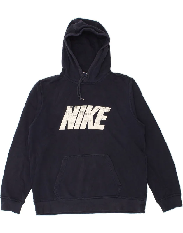 NIKE Mens Graphic Hoodie Jumper Large Navy Blue Cotton