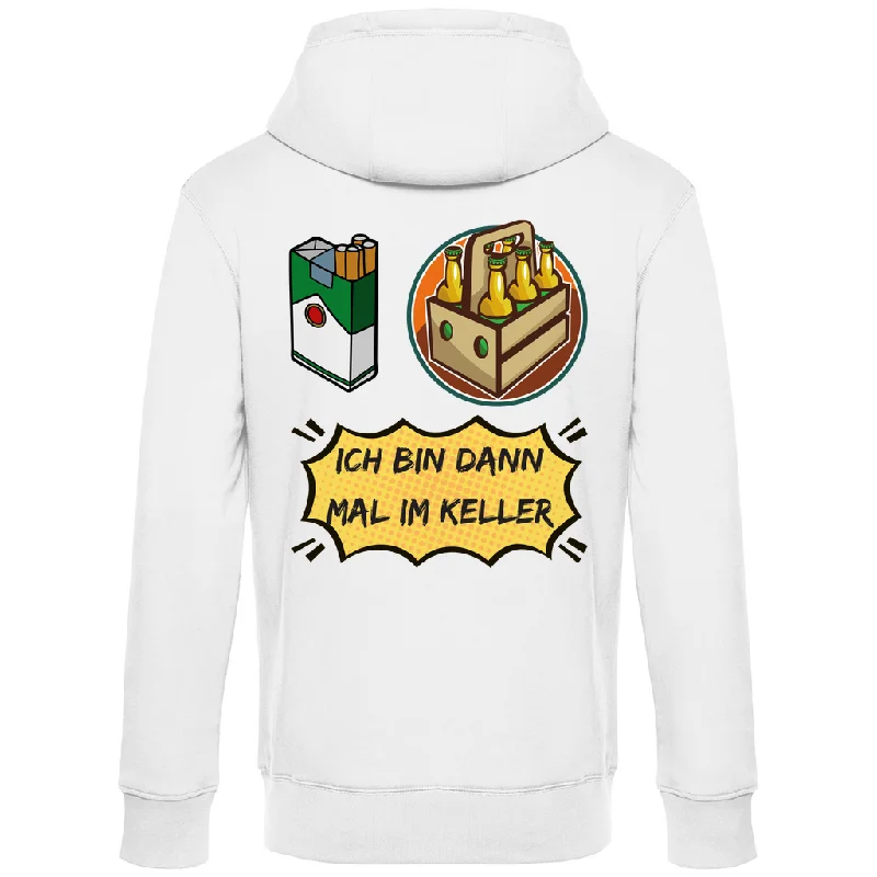 Premium Hoodie "Ich bin dann mal im Keller" (Backprint) Hoodie with Velcro Closure Adjustable Secure
