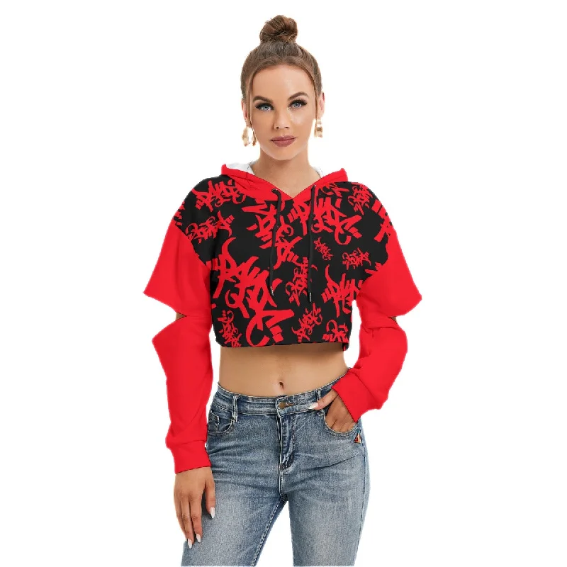 RED/BLACK TAG ALL-OVER PRINT CROP HOODIE OPEN ELBOW