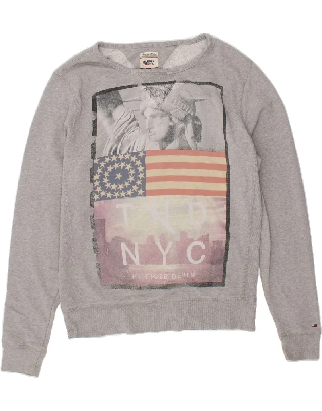 TOMMY HILFIGER Mens Graphic Sweatshirt Jumper Large Grey Cotton Hoodie with Lace Feminine Delicate