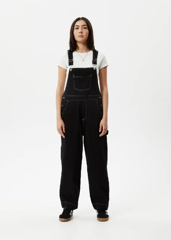 AFENDS Womens Louis - Baggy Overalls - Washed Black Short-Sleeve Denim Jumpsuit