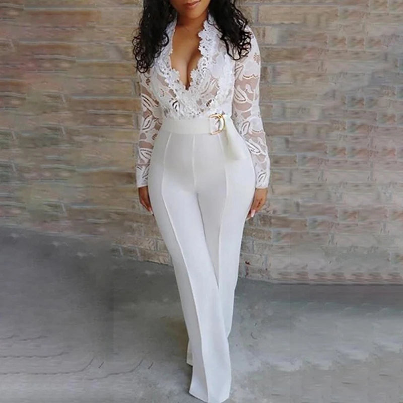 Elegant Lace Rompers Womens Summer Jumpsuit Solid Color Sexy Ladies Casual Long Trousers Overalls White Jumpsuit Office Lady Stylish Workwear Overalls Elegant Lace Rompers Womens Summer Jumpsuit Solid Color Sexy Ladies Casual Long Trousers Overalls White Jumpsuit Office Lady Stylish Workwear Overalls