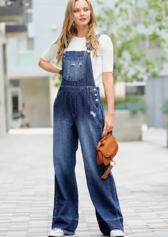 Women's/ Junior Soft Cotton Wide Leg Thick Distressed Hem Denim Overalls - Dark Wash Urban Denim Jumpsuit Women's/ Junior Soft Cotton Wide Leg Thick Distressed Hem Denim Overalls - Dark Wash Urban Denim Jumpsuit