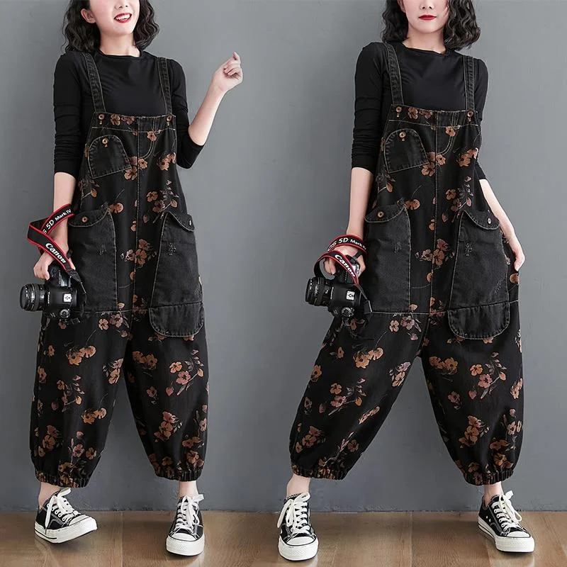 Loose Jeans Jumpsuit Women Casual Baggy Pants Floral Denim Overalls Sleeveless Knit Overalls Loose Jeans Jumpsuit Women Casual Baggy Pants Floral Denim Overalls Sleeveless Knit Overalls