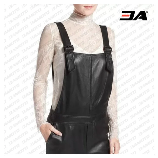 Super Simple Black Leather Overalls Full Body Ladies Romper Pastel Tone Jumpsuit
