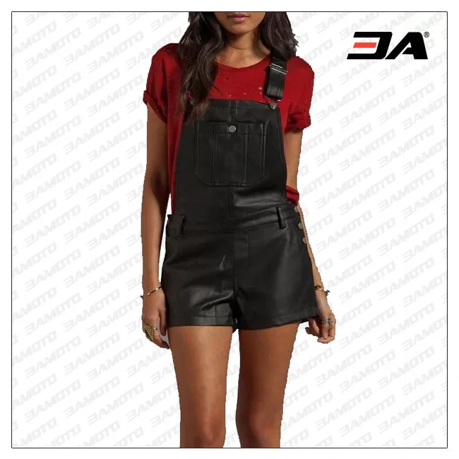 Womens Hot Black Leather Overalls One Piece Short Romper Button-Up Corduroy Overalls Womens Hot Black Leather Overalls One Piece Short Romper Button-Up Corduroy Overalls