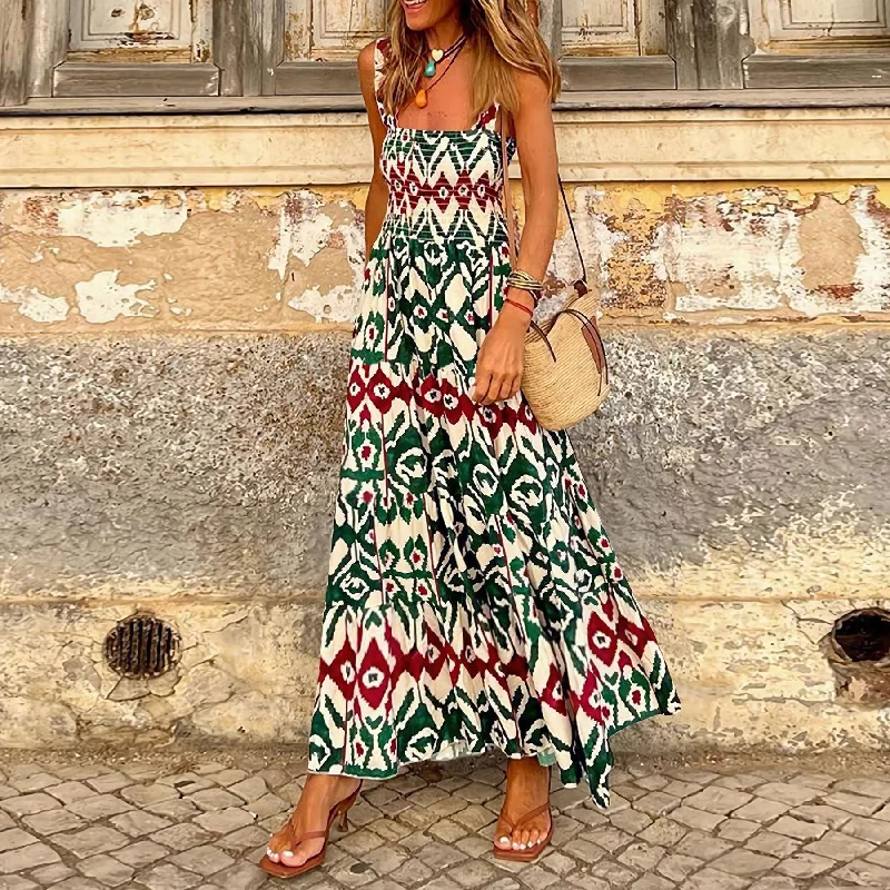 Summer Women's Elegant Print Elastic Strap Skirt Holiday Style French Fragmented Flower Hanging Strap Long Dress Tunics Cozy soft Summer Women's Elegant Print Elastic Strap Skirt Holiday Style French Fragmented Flower Hanging Strap Long Dress Tunics Cozy soft