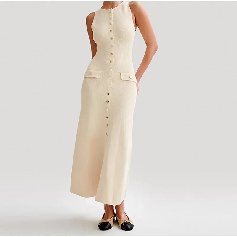 2024 Summer Elegant Lady Knitted Single Breasted Long Dresses Women Solid Sleeveless O Neck Button Bodycon Party Female Vestidos Tunics Office stylish 2024 Summer Elegant Lady Knitted Single Breasted Long Dresses Women Solid Sleeveless O Neck Button Bodycon Party Female Vestidos Tunics Office stylish