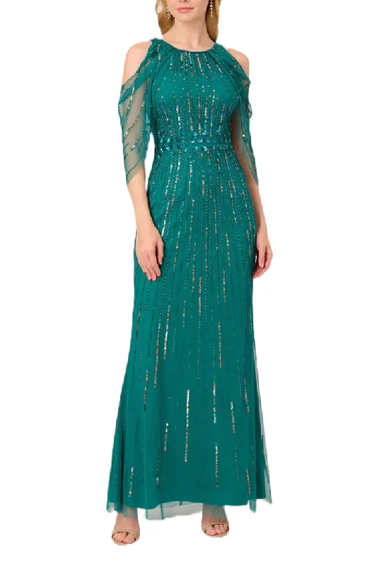 Adrianna Papell cold shoulder crew neck beaded cape zipper closure mesh gown Tunics Long Elegant Adrianna Papell cold shoulder crew neck beaded cape zipper closure mesh gown Tunics Long Elegant