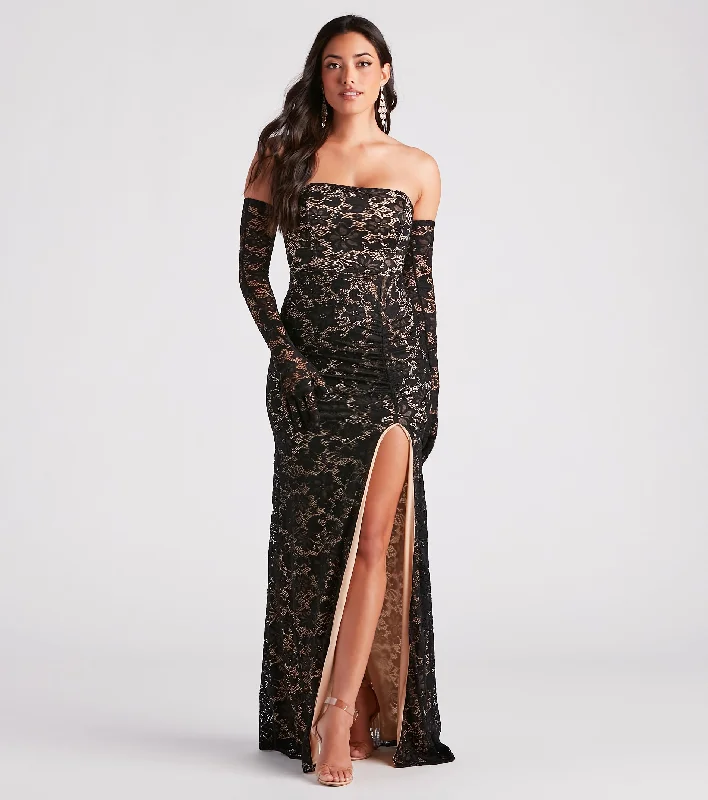 Alison Formal Lace Dress And Gloves Set Crew Neckline Casual