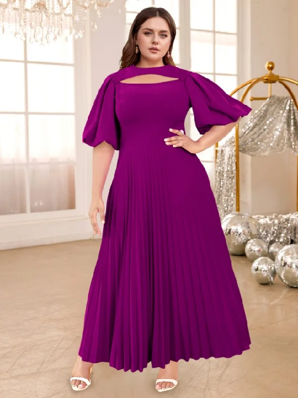 AOMEIDRESS O Neck Cut Out Lantern Sleeves A Line Pleated Long Dress Tunics Handmade artisanal
