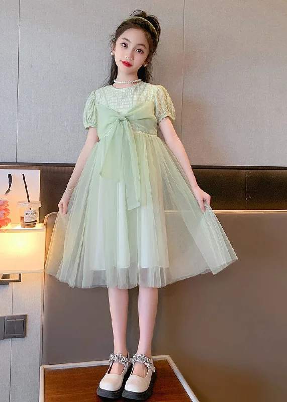 Art Light Green O-Neck Bow Tulle Kids Long Dresses Summer Tunics Review highly