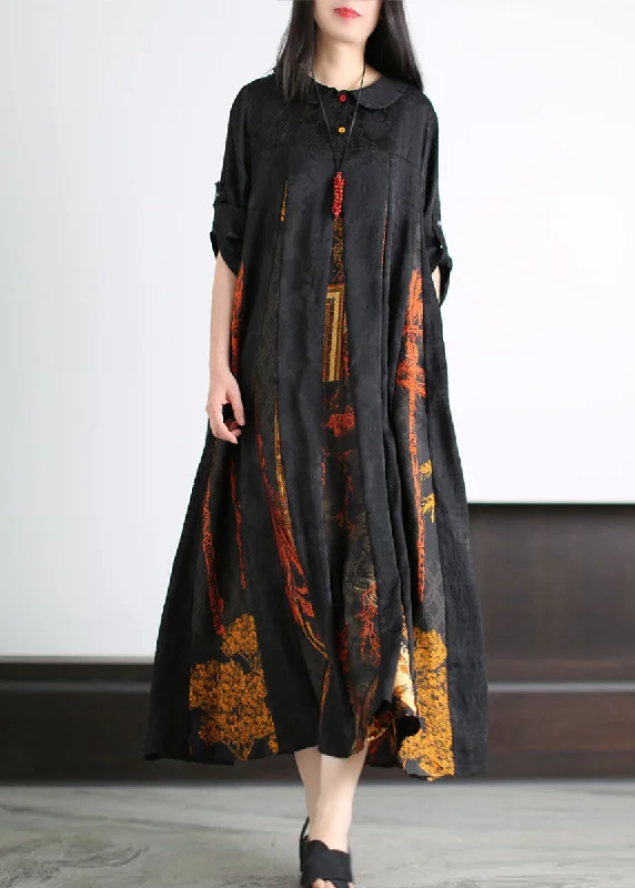 Bohemian Black Peter Pan Collar Print Patchwork Silk Long Dress Summer Tunics Occasion special Bohemian Black Peter Pan Collar Print Patchwork Silk Long Dress Summer Tunics Occasion special