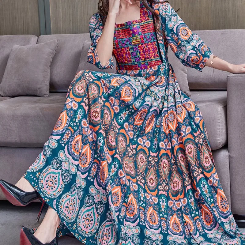 Bohemian Ethnic Style Big Swing Embroidery Dress Women's Long Dress Tunics Evening elegant Bohemian Ethnic Style Big Swing Embroidery Dress Women's Long Dress Tunics Evening elegant