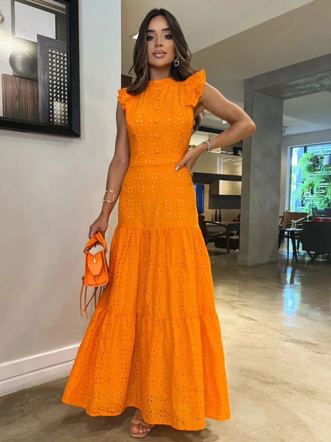 Bohemian Solid Hollow Out Elegant Women Dress O Neck Flying Sleeve Button Long Dress Summer Chic Casual Beach Women Clothing Turtleneck Neckline Stylish Bohemian Solid Hollow Out Elegant Women Dress O Neck Flying Sleeve Button Long Dress Summer Chic Casual Beach Women Clothing Turtleneck Neckline Stylish