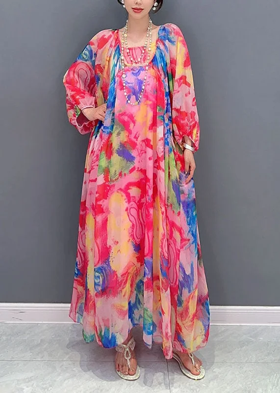 Boho Floral Wrinkled Lace Up Patchwork Chiffon Long Dress Summer Tunics Chic elegant Boho Floral Wrinkled Lace Up Patchwork Chiffon Long Dress Summer Tunics Chic elegant
